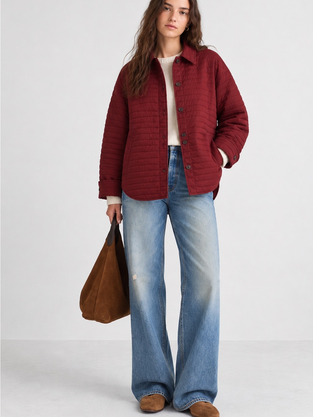Madewell Quilted Button-Front Jacket in Burgundy Size XL
